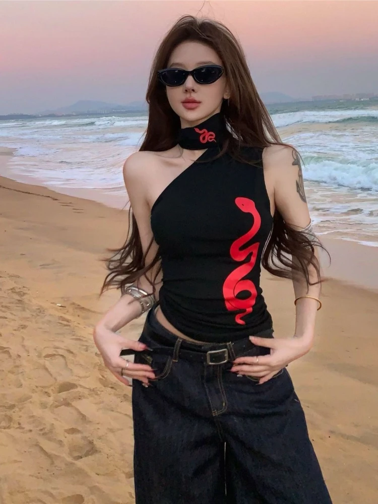 Harajuku One Shoulder Halter Tank Top Y2k Aesthetics Snake Printing Women Grunge Vest 2026 Streetwear Vintage Slim Fit Camisole