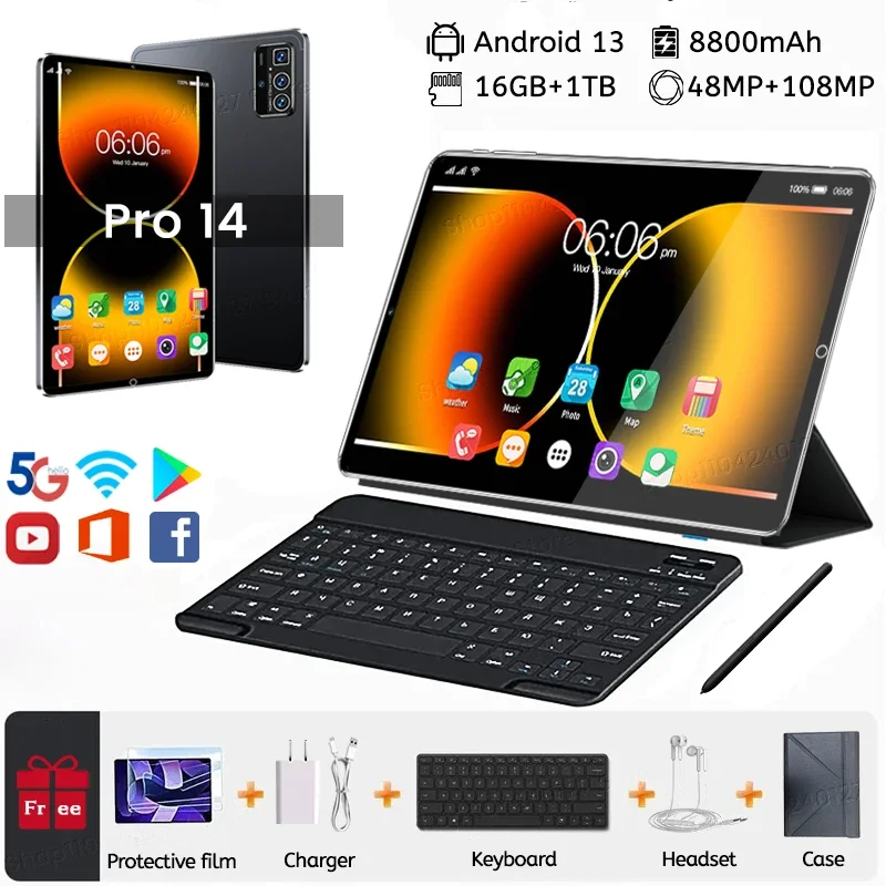 

tablets android 2024 Pro 14 10.1 Inch Mi Tablet PC 16GB 1T 5G Dual SIM or WiFi Phone Call GPS Google Tablette keyboard celulares