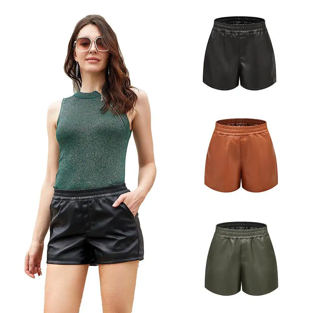 Women's Simple PU Leather Shorts Casual Loose Shorts Lower Body Fashionable Autumn Seven-Quarter Sleeve Brandless Set