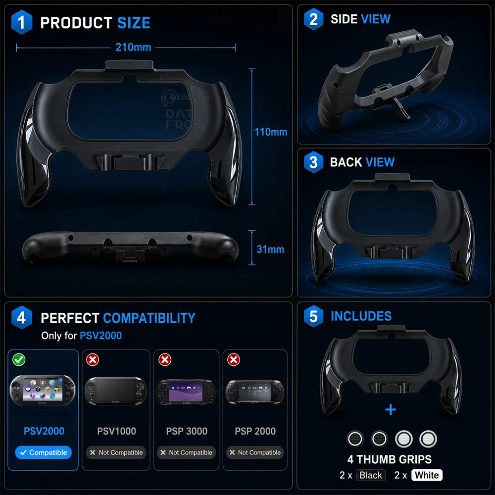 Data Frog Handheld Grip Case for PS Vita 2000 / PSV 2000, Controller-Style Comfort Handle with Kickstand (Optional Thumb Grips)