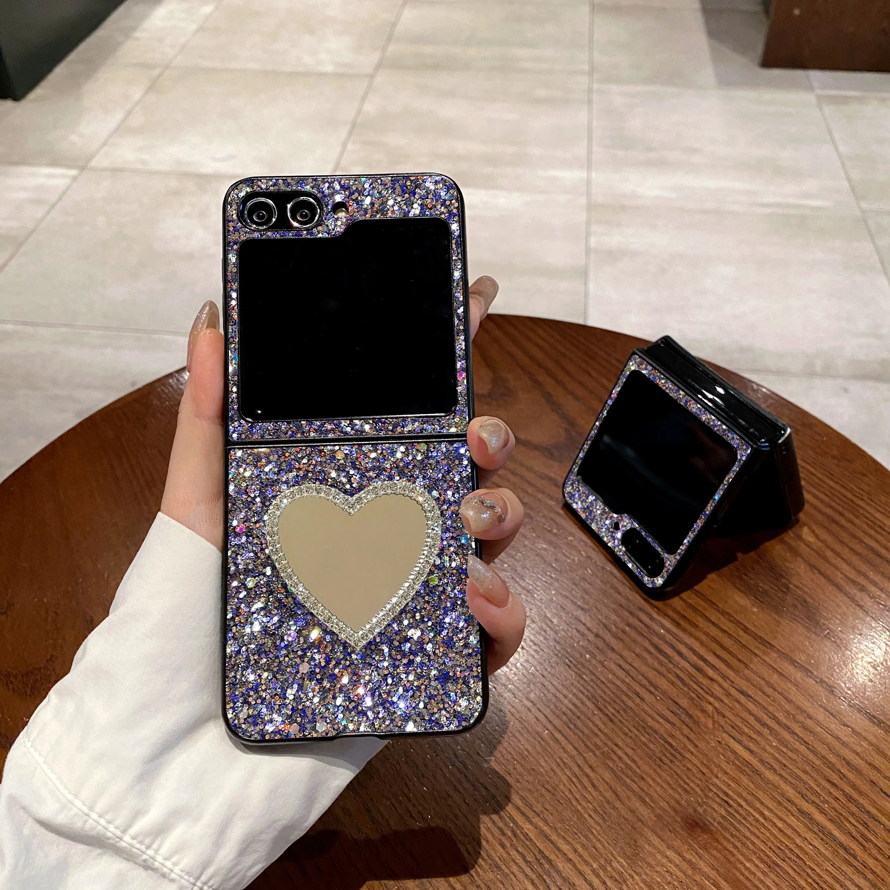 Luxury Faux diamond Love Heart Mirror Phone Case For Samsung Galaxy Z Flip 8 6 5 4 3 Flip7 FE Korean Style Fashion Hard Shell