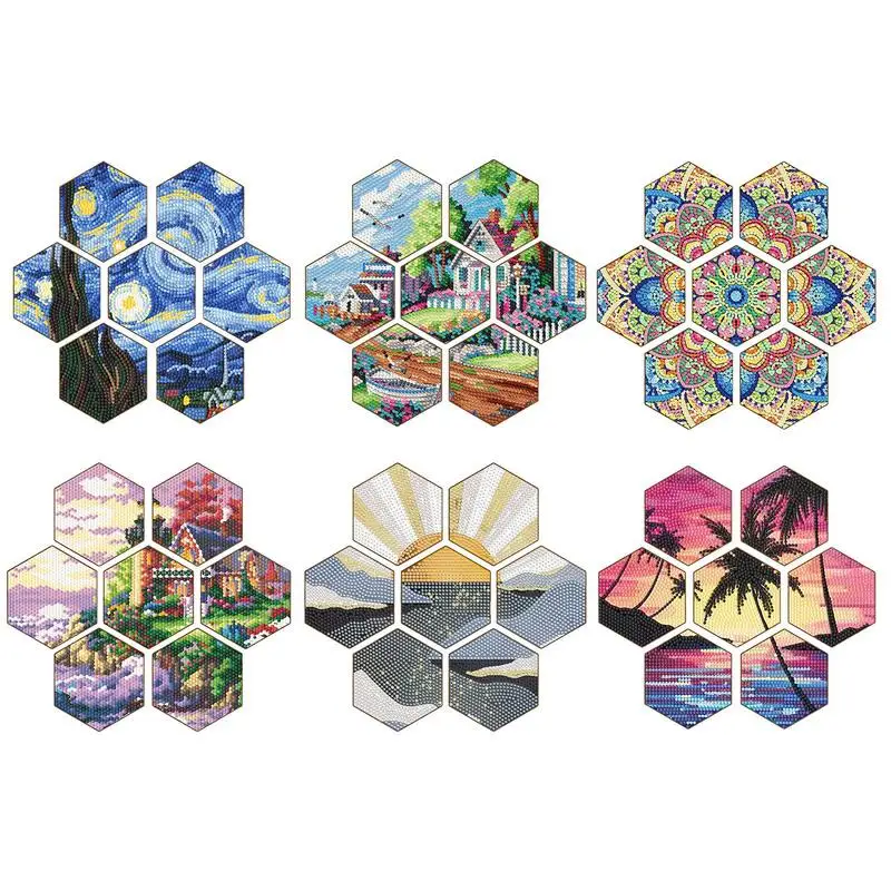 7pcs Honeycomb Shape Cup Mat Gem Painting Coasters Mosaic Craft Kit Flower House Scene Gem Painting Coaster Art Craft Supplies