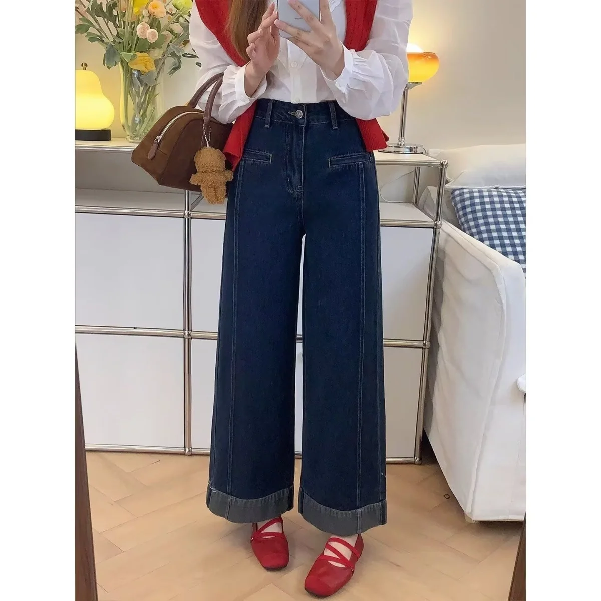 

High Waist Wide Leg Denim Jeans Women's Autumn New Small Size Color Block Casual Nine Point Straight Cut Loose Slimming Jeans