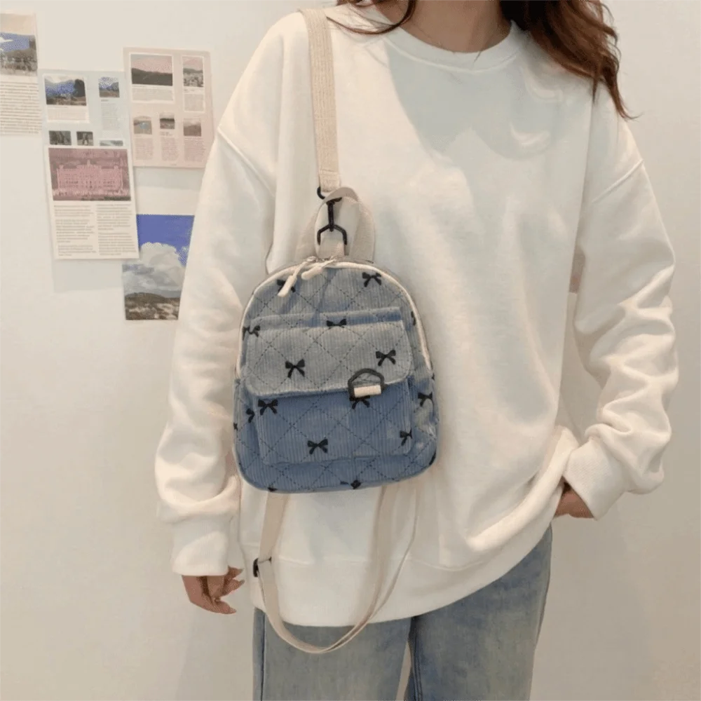 Cute Corduroy Mini Backpack Bowknot Printed Multi Layered Bow Rucksack Cosmetic Storage Bag Zipper Shoulder Bag School