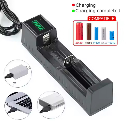 18650 Battery Charger 1 Slot USB Single 18650 Charging 3.7-4.2V Rechargeable Lithium Battery For 16340 14500 26650 18650 Battery