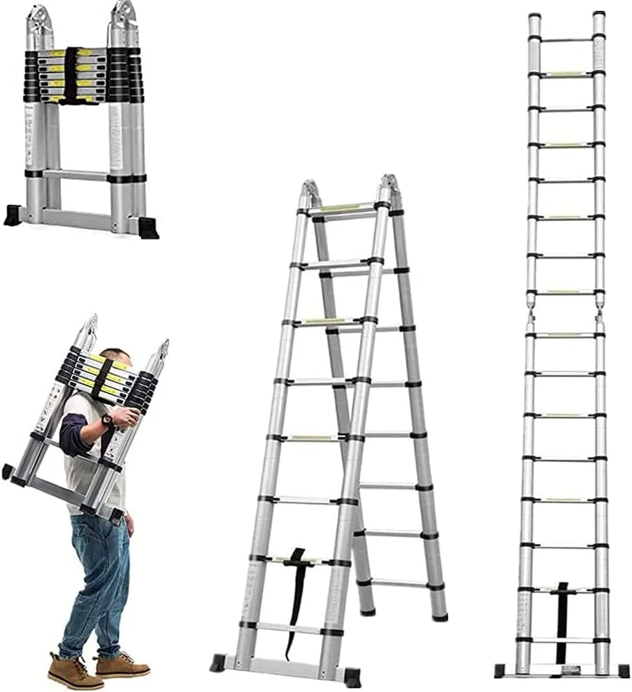 Échelle télescopique en aluminium de 1,9 m (1,9 m + 1,9 m), pliable, adaptée aux travaux de construction, aux entrepôts et aux travaux ménagers