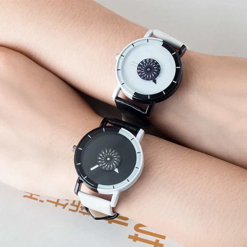 Unique Minimalist Personality Black White No Number Watches Fashion Simple Faux Leather Band Quartz Wristwatch Couple Watch