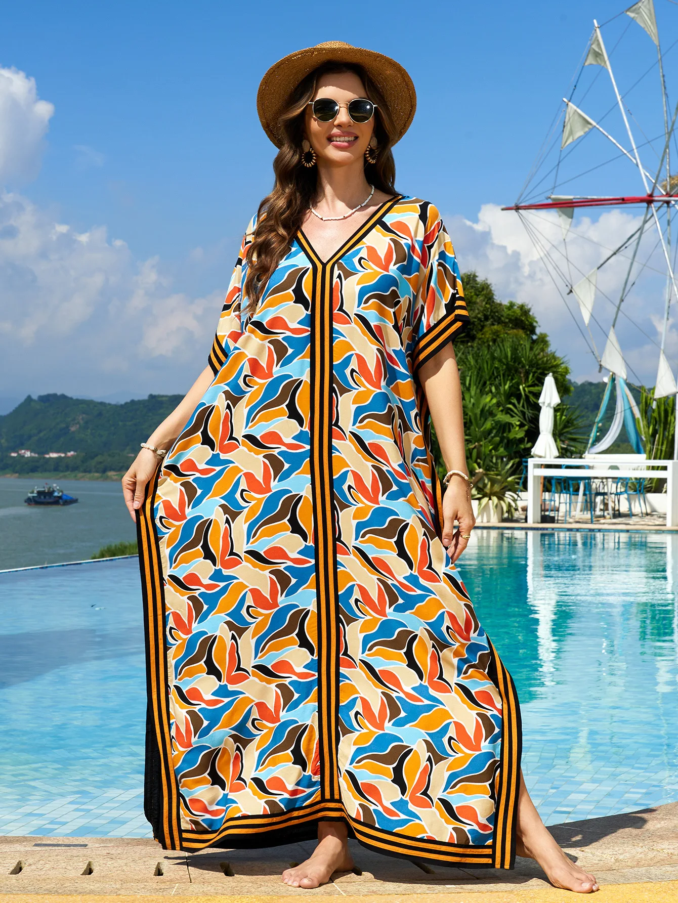 Beach Dresses Summer Tropical Printed Kaftans for Women Swimsuit Cover Ups V Neck Holiday Outfits Factory Supply Dropshipping