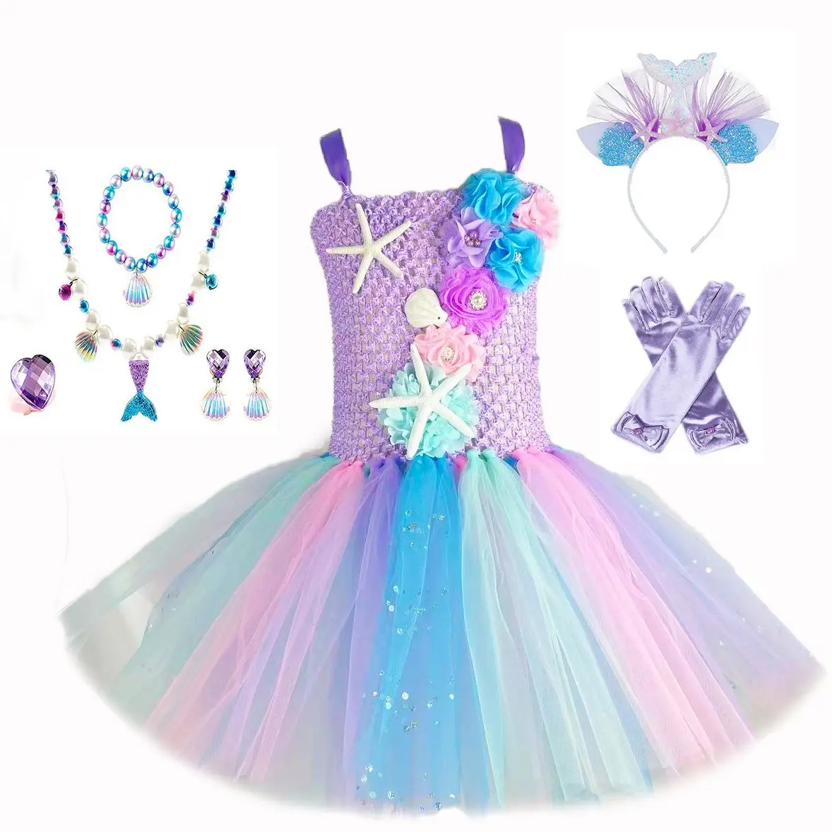 Girls Mermaid Princess Tutu Dress Starfish Sea Theme Birthday Halloween Party Carnival Costumes Kids Glitter Flower Dress 1-12Y