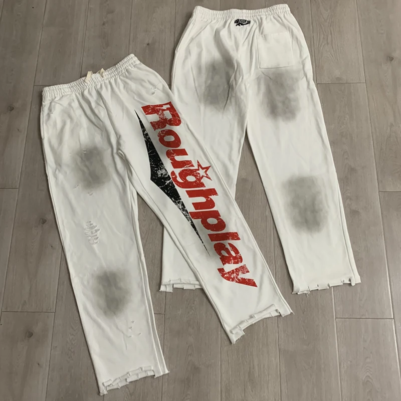 High Street Trend White Straight Man Woman Sports Sweatpants Distressed Ripped Letter Print Drawstring Rough Play Pants