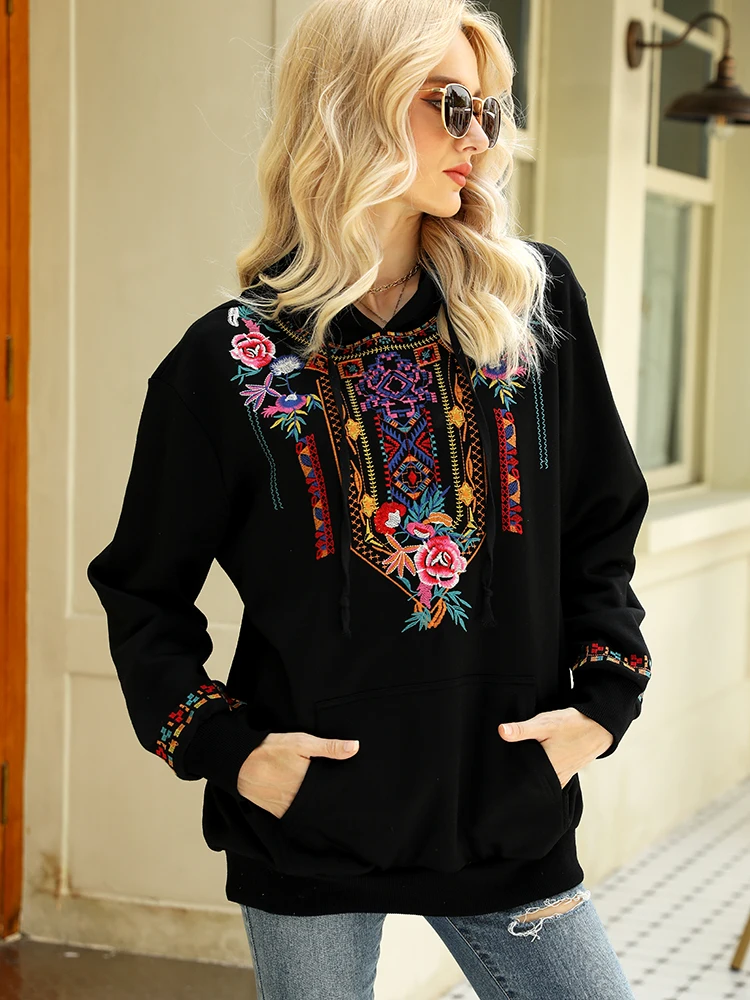 

Khalee Yose Floral Emboridery Hoodie Pullover Sweatshirt Black Cotton Autumn Loose Harajuku Vintage Streetwear Female 23XXXL Top