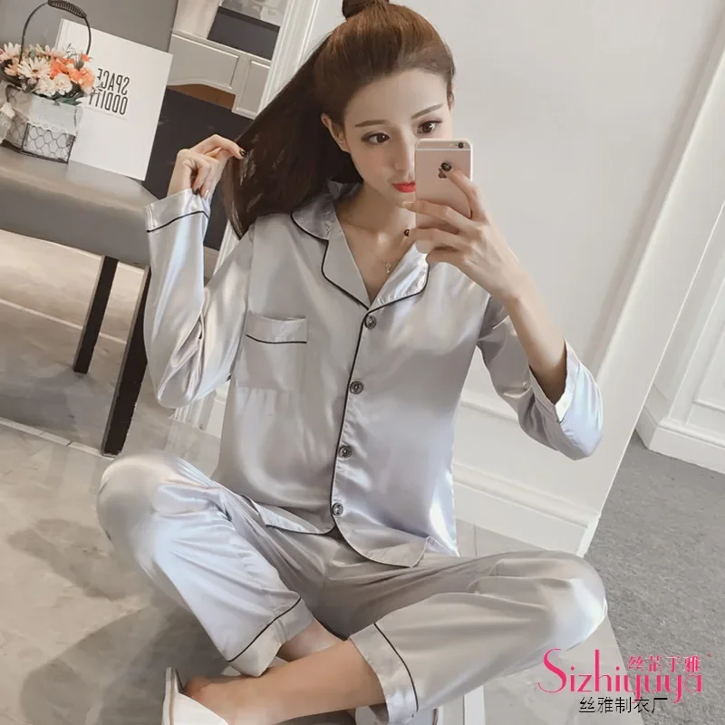 Trendy plus size lapel cardigan imitation silk sleepwear spring and autumn European and American style women\'s home clothes