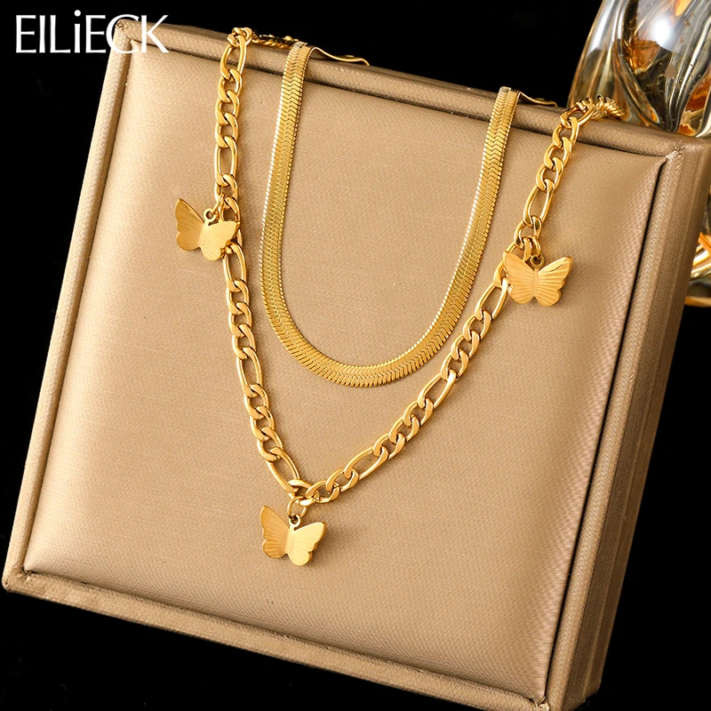 EILIECK 316L Stainless Steel Gold Color 2-Layers Butterfly Pendant Necklace For Women Girl Fashion Clavicle Chain Jewelry Gift