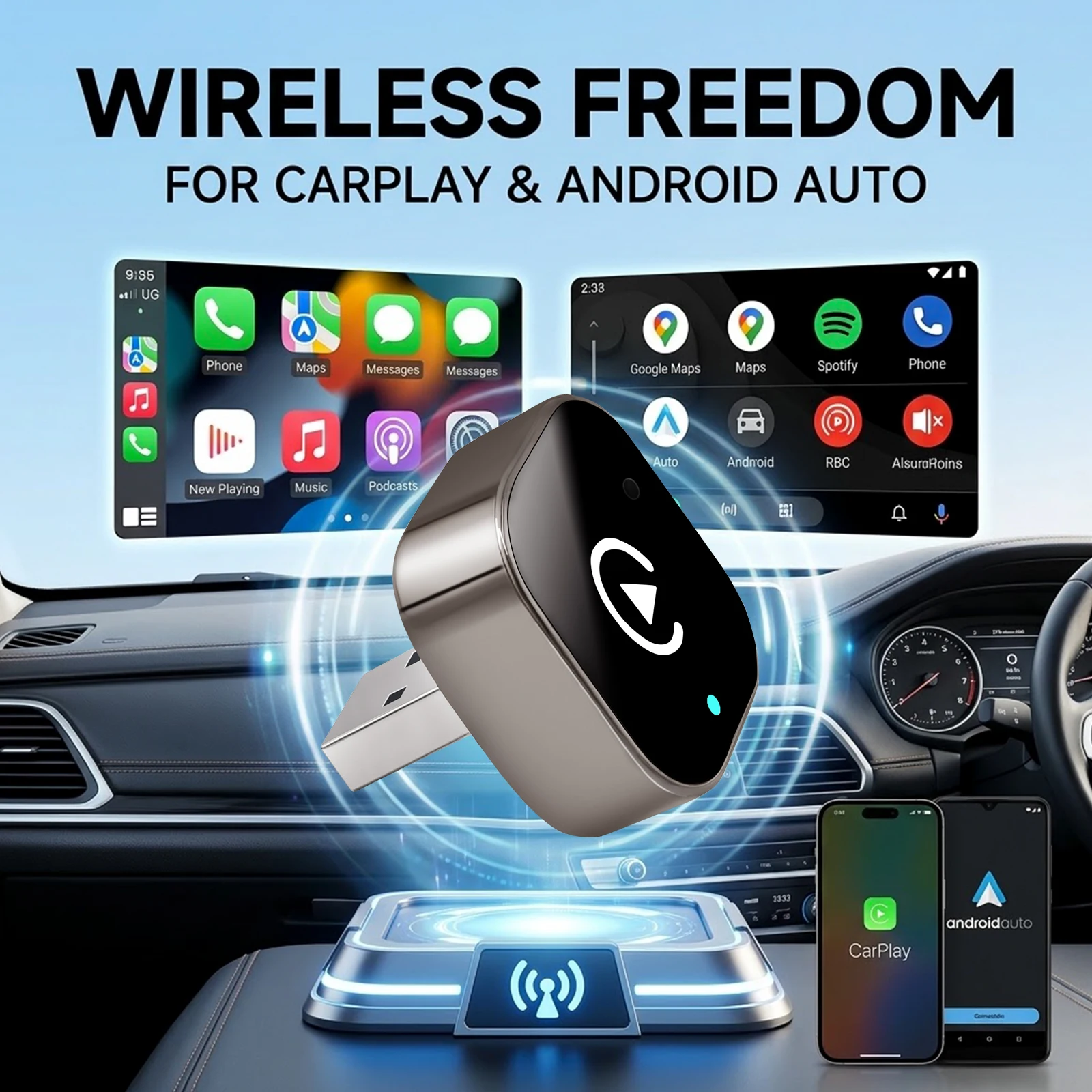 Kabelloser CarPlay-Adapter 2026 Verbessert – Geeignet für Apple iPhone & Android, mit Kompakter Größe, Plug-and-Play-Komfort und F – Detail 1