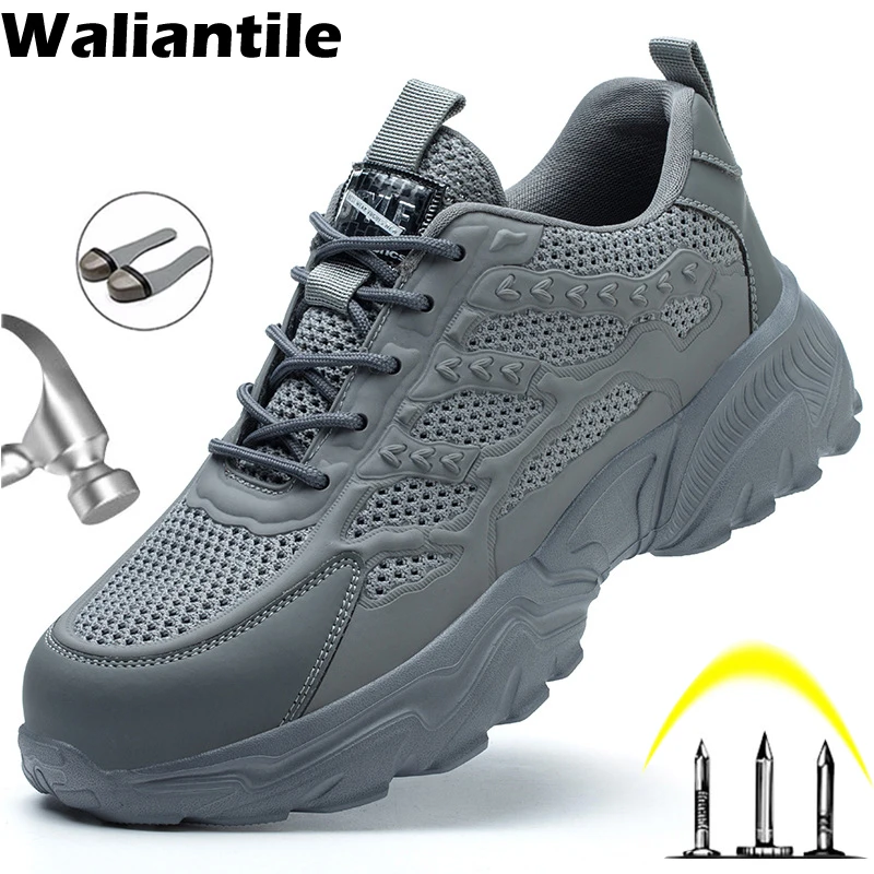 

Waliantile Summer Breathable Men Women Safety Shoes For Construction Working Boots Steel Toe Puncture Proof Work Sneakers Shoes