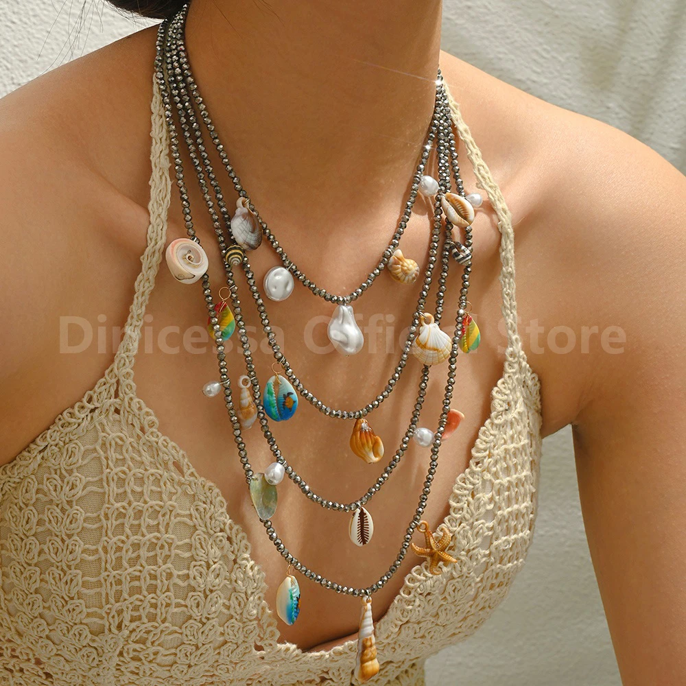 4 Layer Stacked Conch Shell Beaded Necklace for Women Bohemian Tropical Beach Vacation Collarbone Chain Jewelry