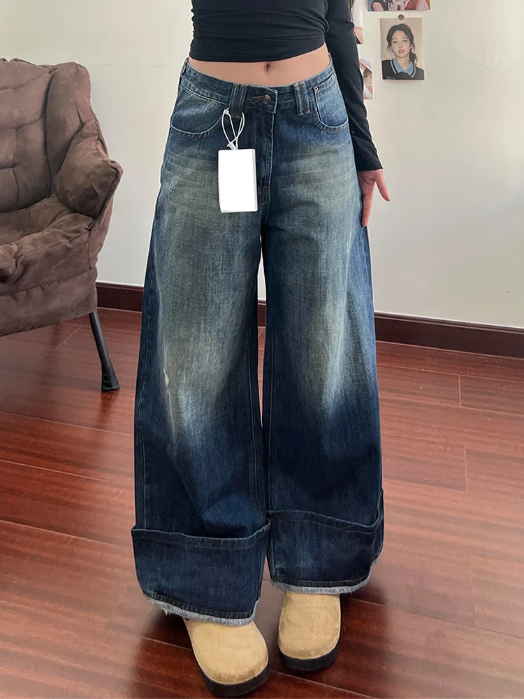 American Style Hot Girl Design Flip- Jeans Women Loose Fit Vintage Fashion High Waist Straight Leg Long Pants