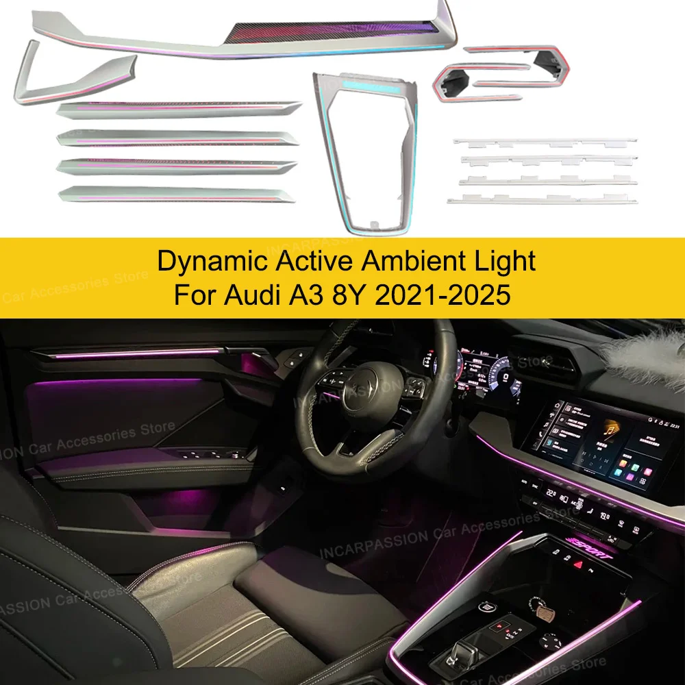 Dynamic Active Ambient Light For Audi A3 8Y S3 RS3 2021-2025 Decorative Air Vent LED Atmosphere Lamp illuminated Strip 30-Color