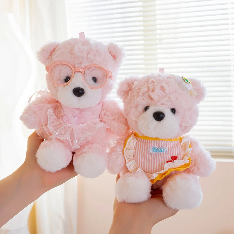 

Adorable Plush Bear Pair Brown With Pink Polka Bow And Heart Gingham Bib With Lace Trim Soft Stuffed Gentle Wonderful