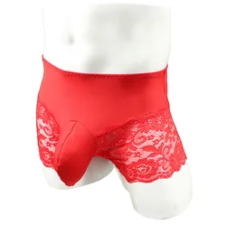 Men's Sexy Briefs Cotton Lace Underwear Low-Rise Panties Pouch Ultra-Thin Underpants Male Solid Color Sensual Lingerie