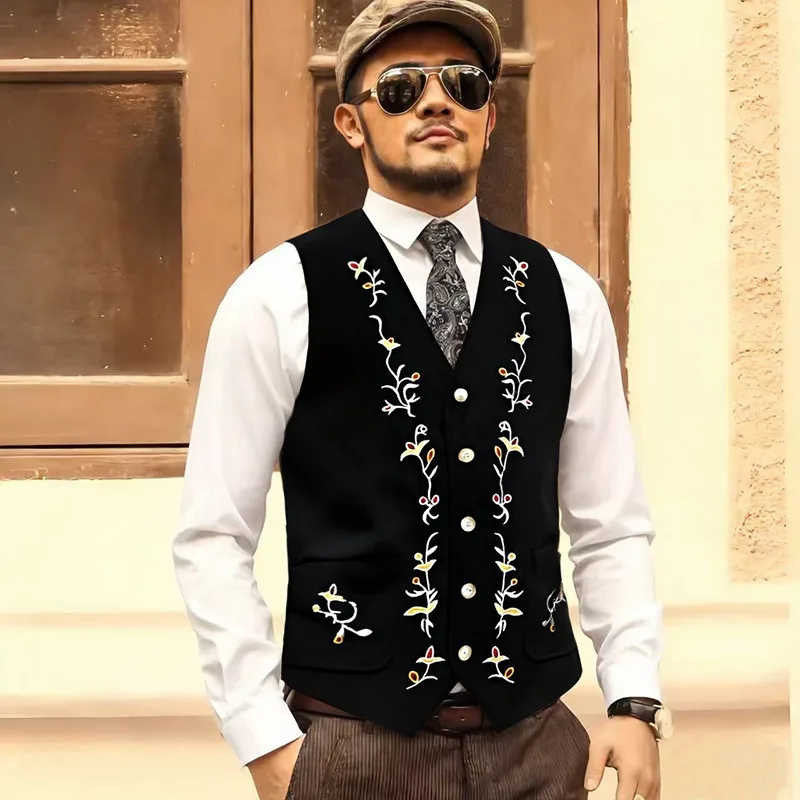 Men's Vintage Embroidered Suit Vest V-Neck Single Breasted Waistcoat for Wedding Party Formal Ocns