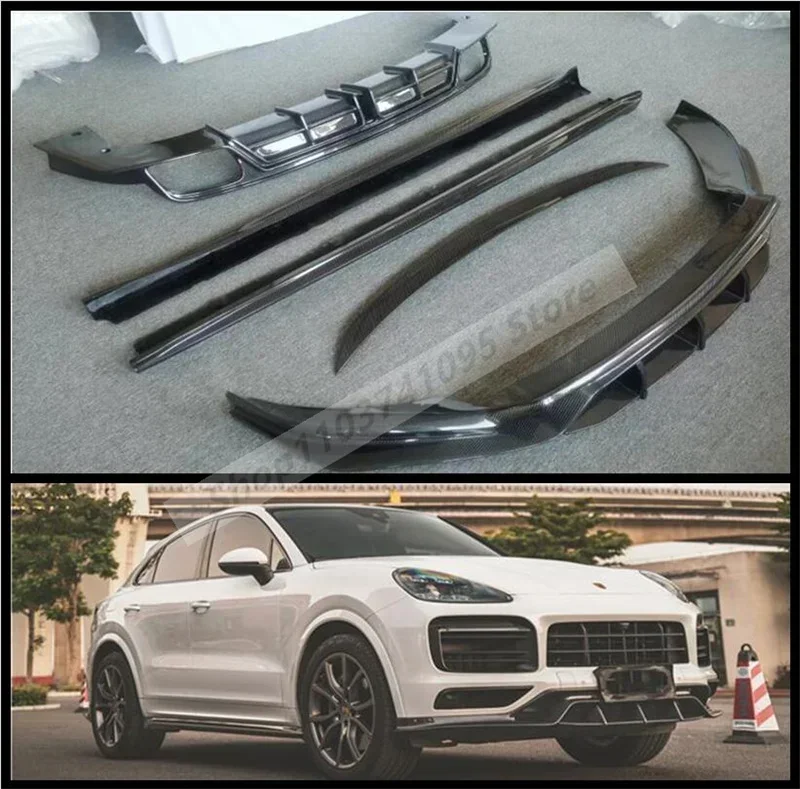 Real Carbon Fiber Front Bumper Spoiler Lip Rear Trunk Diffuser Side Skirts Body Kit For Porsche Cayenne Coupe 2019-2024