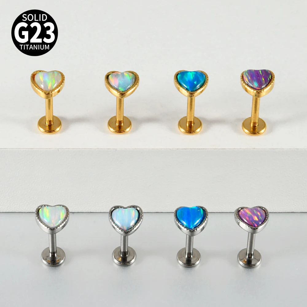 1PC G23 Titanium Heart Flash Film Labret Lip Ring Internal Threaded Opal Ear Cartilage Tragus Helix Daith Piercing Body Jewelry