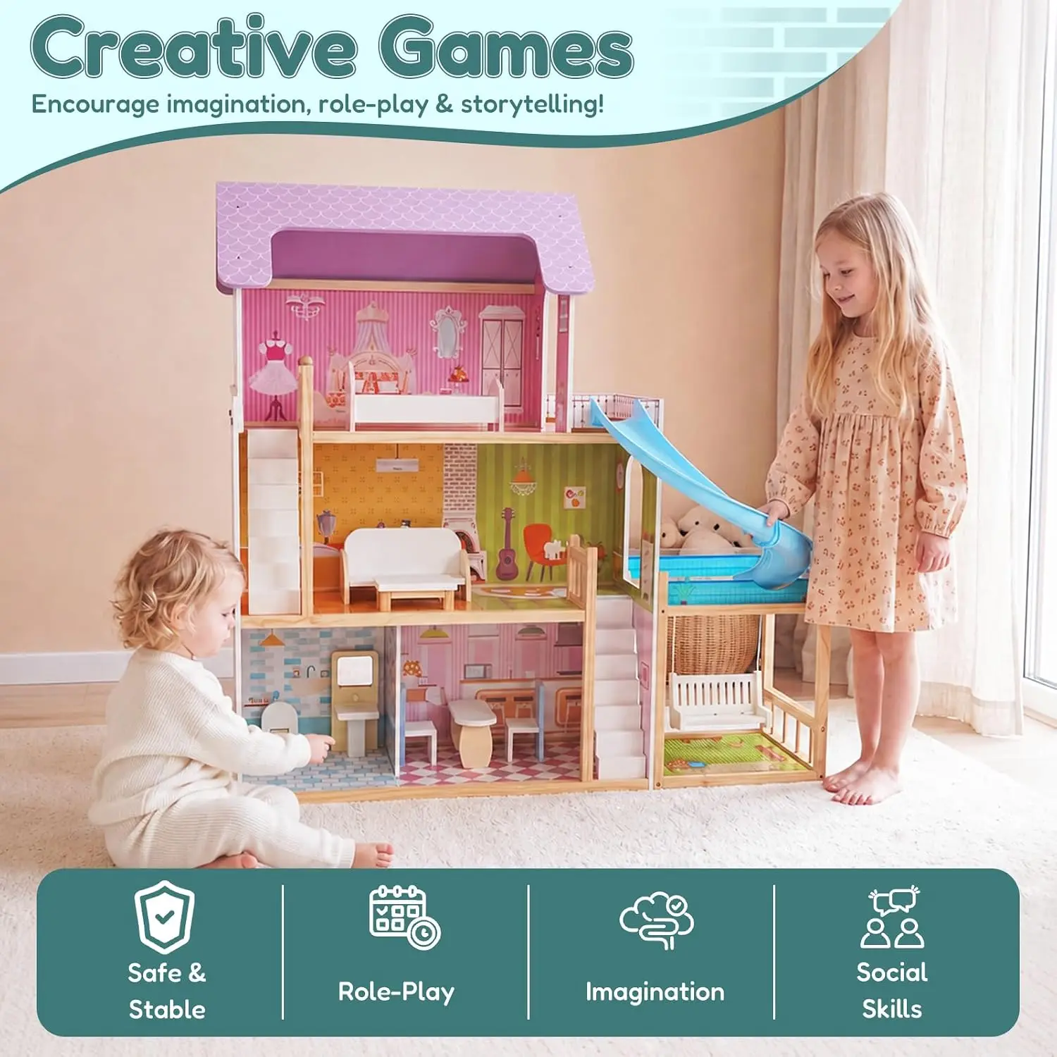 3-Story Large Wooden Dollhouse Playhouse for Girls, Fits 12-Inch Dolls, Includes Pool and Swing, Toy Doll House