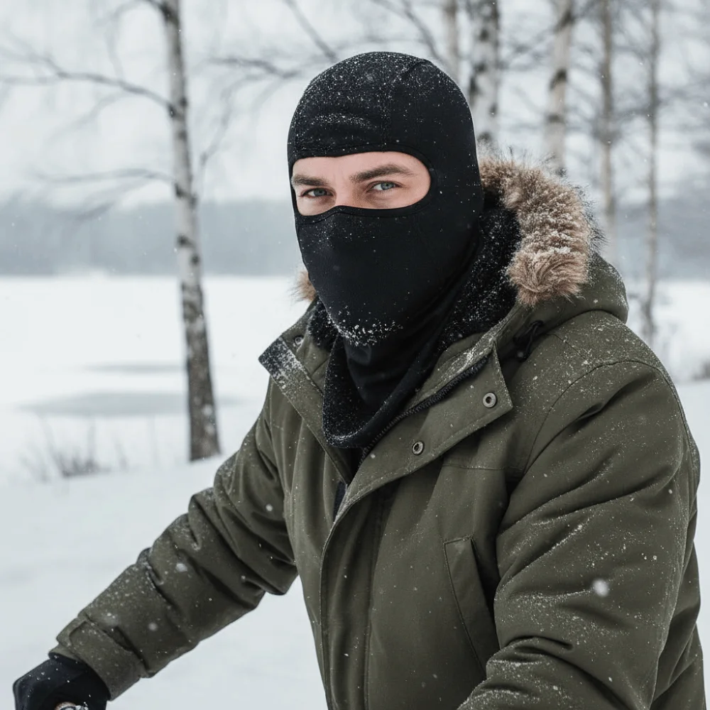 Warm Lining Winter Balaclava Mask Extended Collar Thick Fabric Cycling Helmet Liner Breathable Panel Solid Black