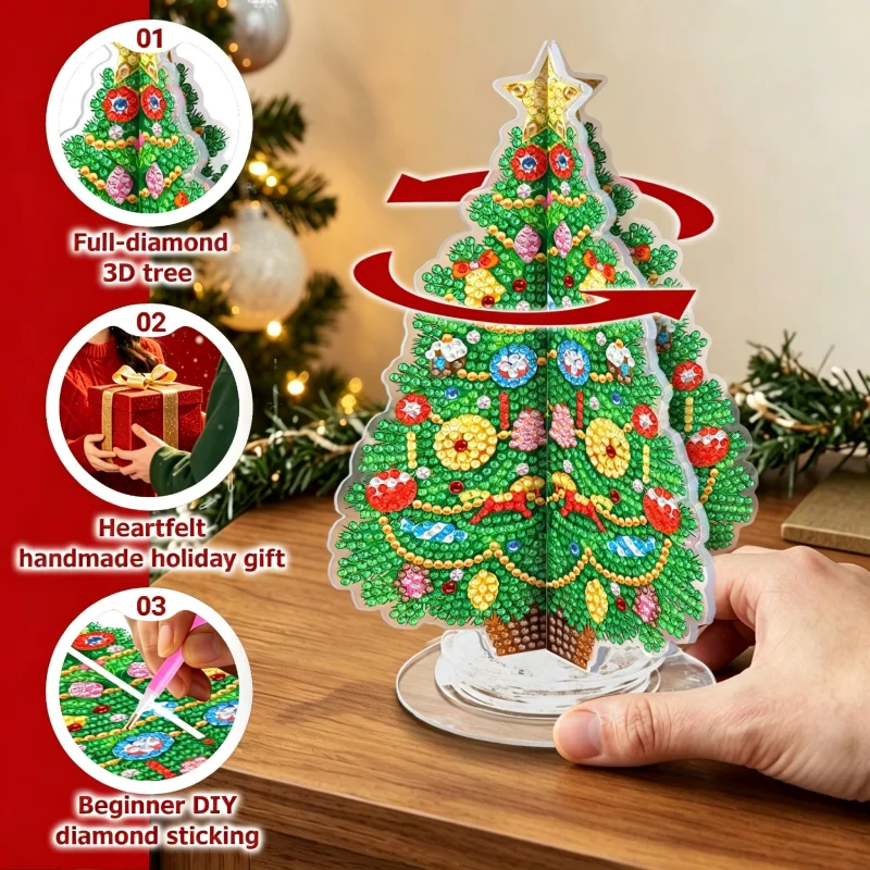 Rotatable Christmas Tree Diamond Painting DIY Kit Handcraft Desktop Ornament Making Set for Holiday Table Decoration Gift