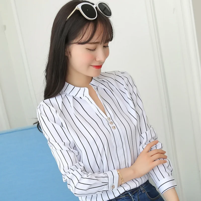 Stripe Women Blouse Fashion Standing Collar Women\'s Shirt Long Sleeved Shirts and Blouses Printing Ladies Tops Basic Womens Tops