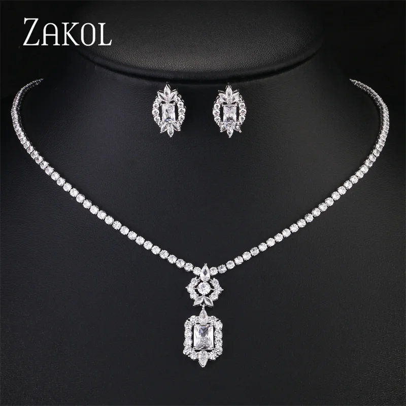 ZAKOL Sparking Cubic Zircon Earrings Necklace Bracelet Set for Women Bridal Wedding Dress Dinner Jewelry Set SP462