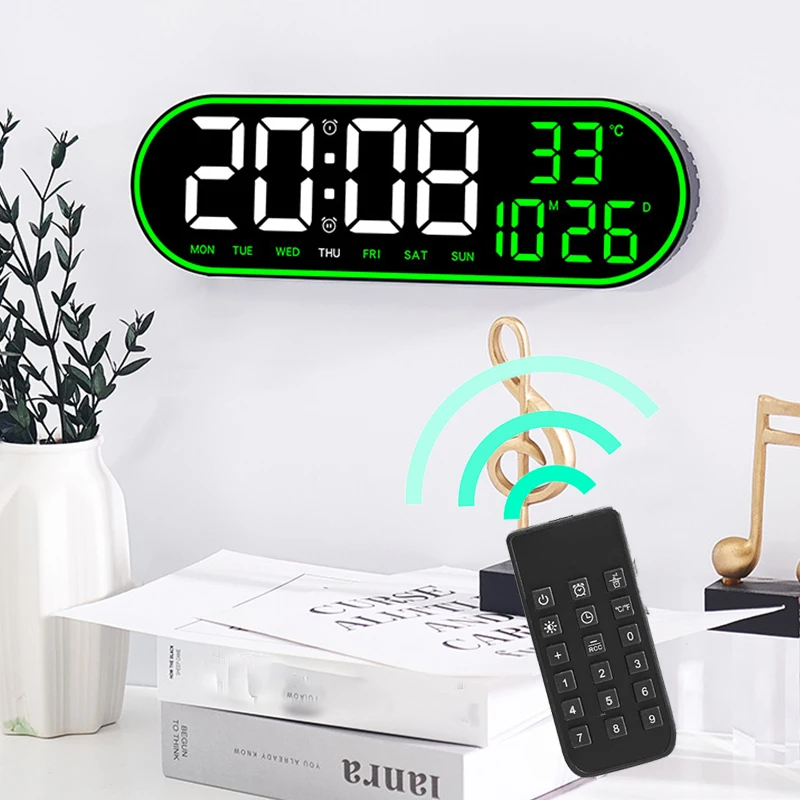 Digital Wall Clock 15inch Large Alarm Clock Remote Control Date Week Temperature Clock Dual Alarms LED Display Living Room Dec