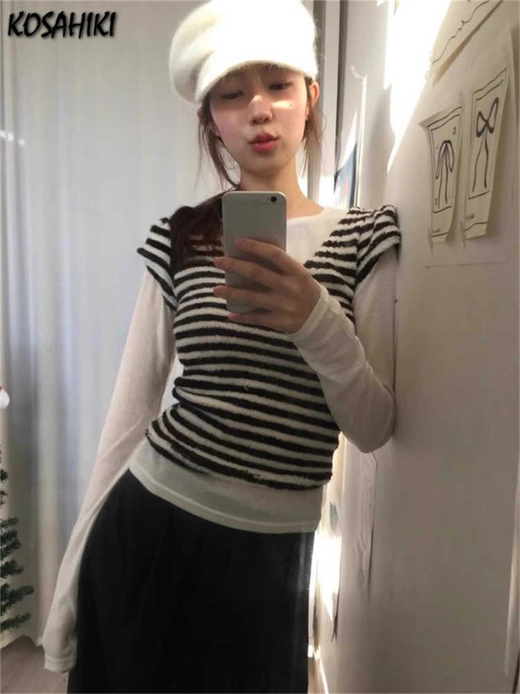 Harajuku Kontrast Farbe Streifen Vintage T-shirts Streetwear Pelzigen Y2k Ästhetischen Fee Gestellte T-shirts Frauen Grunge Bodenbildung Tops