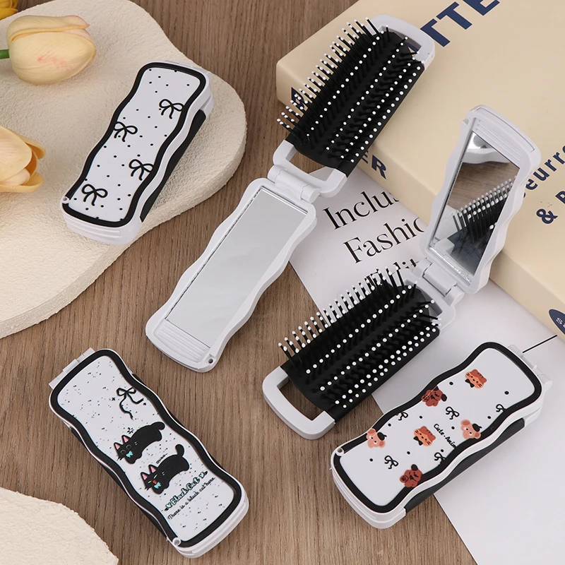 فرشاة شعر صغيرة قابلة للطي، مشط تدليك الرأس، مضاد للكهرباء الساكنة، فرشاة شعر محمولة للسفر، أمشاط شعر للفتيات مع مرآة #4