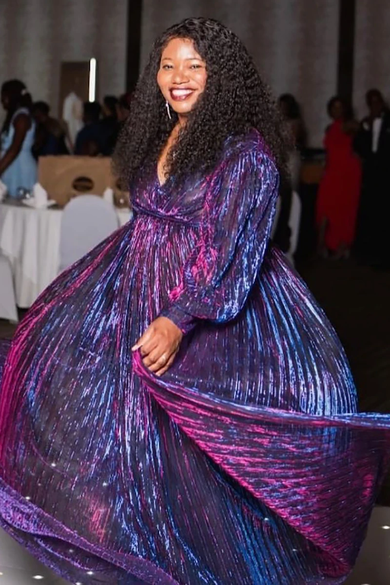 

Plus Size Formal Multicolor Pleated V Neck Long Sleeves Maxi Dress