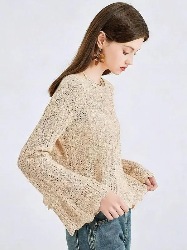 Women's Hollow out Knitted Top Slimming Versatile Design Spring Autumn Thin Loose Layering Elegant Base Shirt Casual Style Lo...
