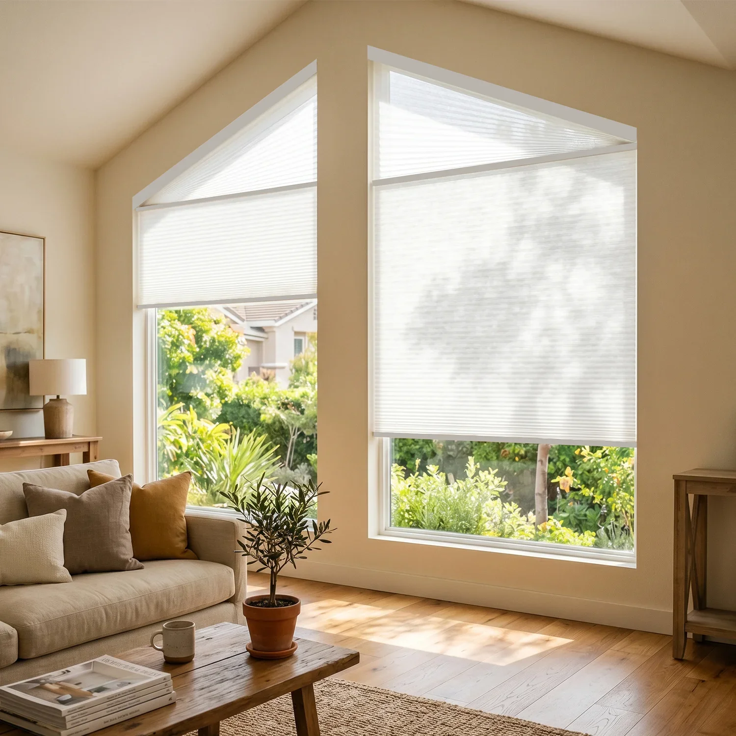 Motorized Irregular Cellular Shades for Triangular Trapezoidal Polygonal Windows, Works for Apple HomeKit Alexa Google Assistant