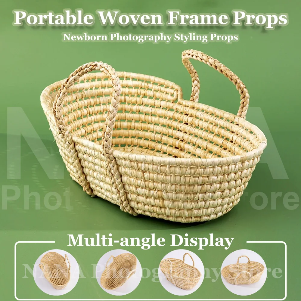 Straw Basket for Baby Photoshoot Newborn Baby Photography Props Woven Basket Studios Infant Photoshoot Posing Props With Handles