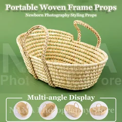 Straw Basket for Baby Photoshoot, Adereços de fotografia para bebê, Posando estúdio com alças, Fotografia recém-nascida