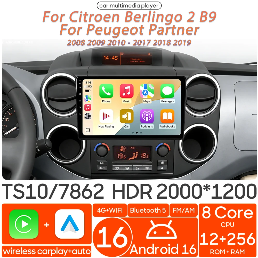 Android 16 para Peugeot Partner Citroen Berlingo 2 B9 2008 - 2019 Reproductor Multimedia para Auto Carplay Radio Auto Video Navegación GPS
