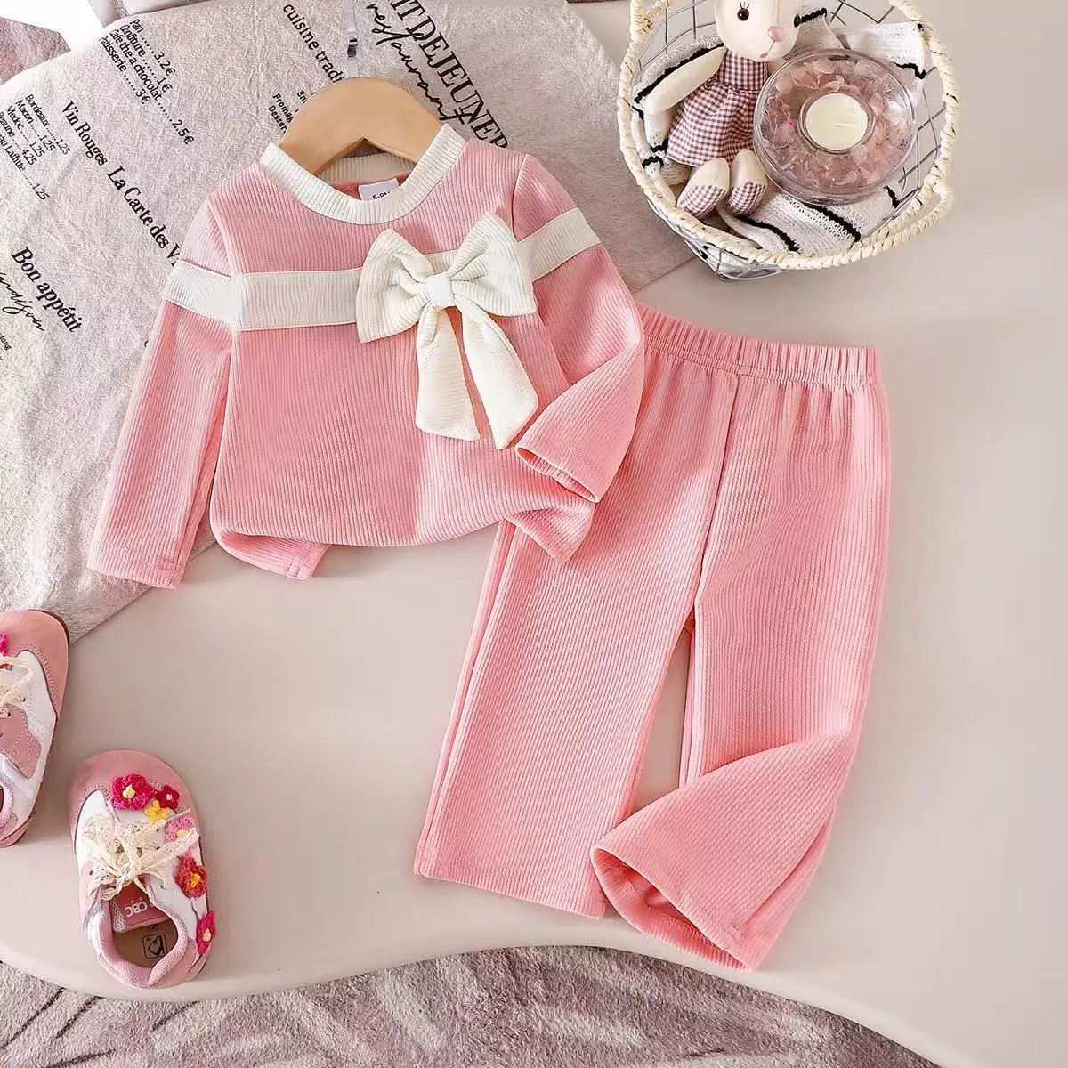 New Spring Fall Baby Girl Sweet Bow Ribbed Outfit Long Sleeve Top Pants 2Pcs Toddler Set for 6M-3Y