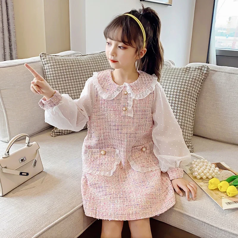 Spring Autumn New Girls Woolen Princess Dress Patchwork Lapel Puff Sleeve Straight Dress For 4-12Y Teen Fashion Classic Clothing