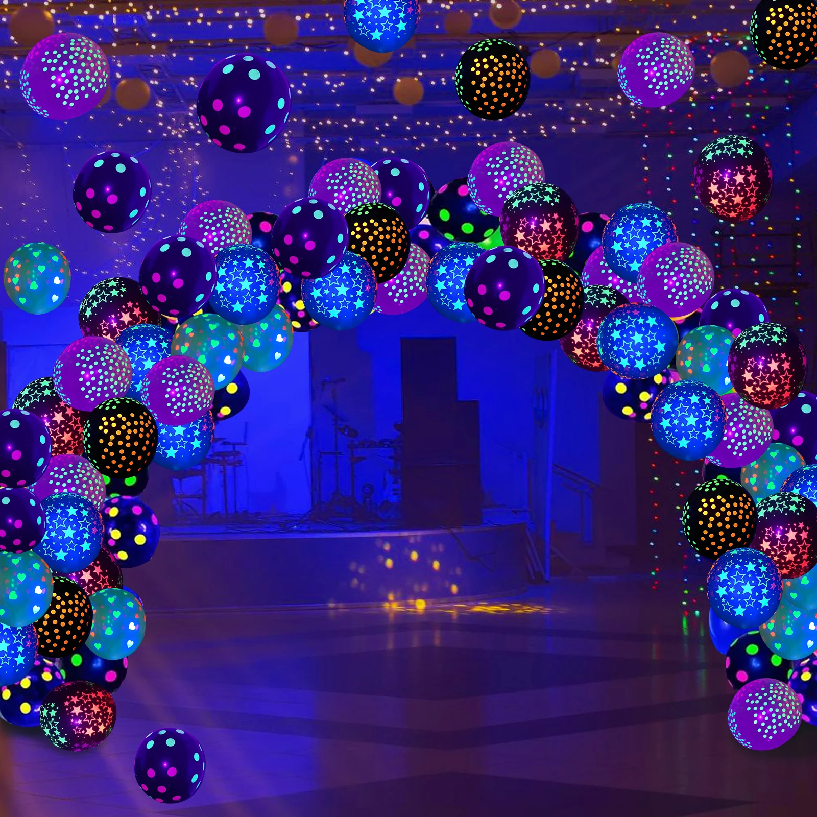 50 قطعة من بالونات النيون المتوهجة مقاس 12 بوصة، بالونات سميكة، بالونات مطبوعة لعيد الميلاد السعيد بنقاط النجوم، تتوهج في ضوء الأشعة فوق البنفسجية الفلورسنت La