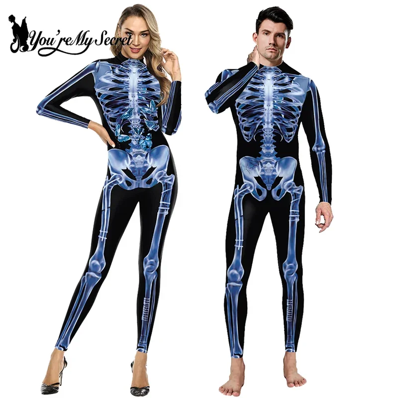 [You're My Secret]Halloween Cosplay Costumes For Adult Skeleton Printed Zentai Jumpsuit Performance Bodysuits Party Fancy Outfit