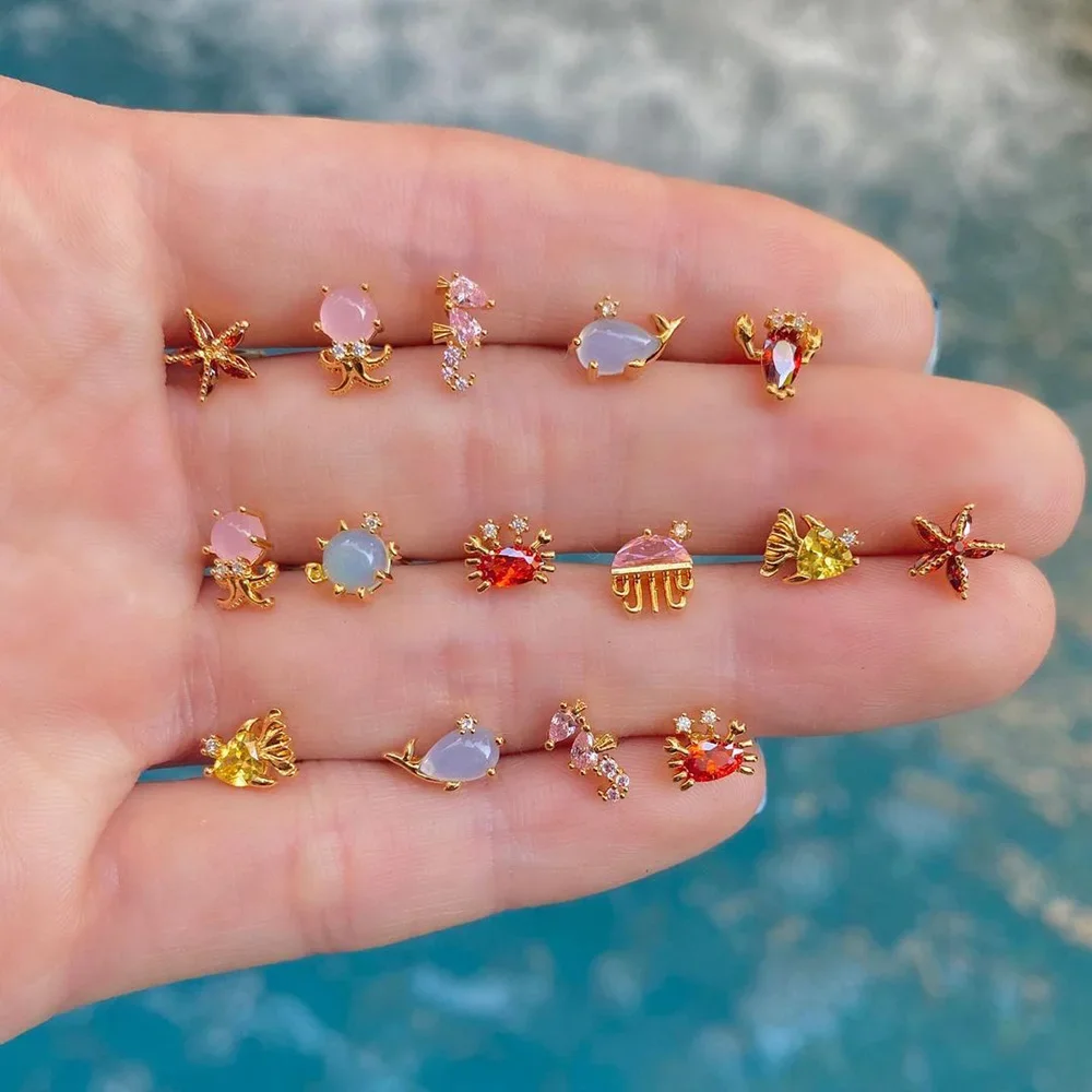 2PCS Mini Ocean Series Animal Small Stud Earrings for Women Multicolor Zircon Marine Lobster Crab Ear Studs Piercing Jewelry