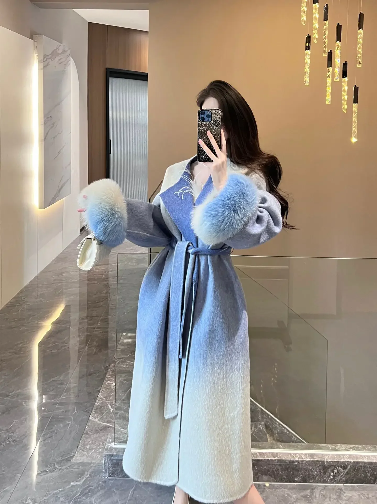 

Double-sided cashmere coat women's medium and long 2023 new autumn and winter silk long temperament gradually changing