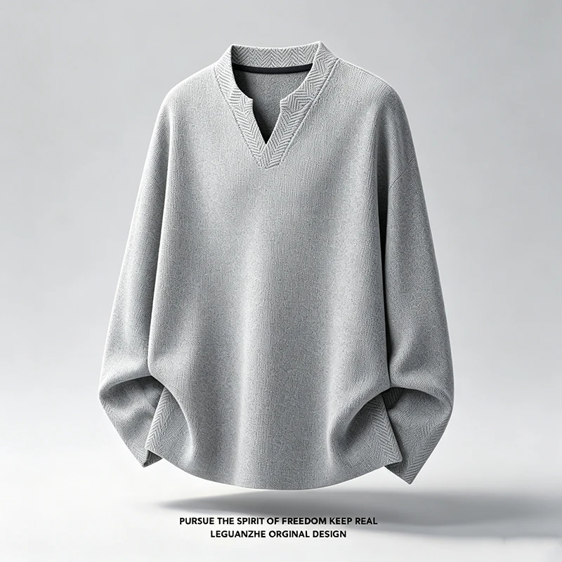 Herren-T-Shirt mit V-Ausschnitt, Fischgrätmuster, langen Ärmeln, einfarbig, lockerer Oversize-Schnitt, weich, lässig, Pullover-Stil. – Detail 5