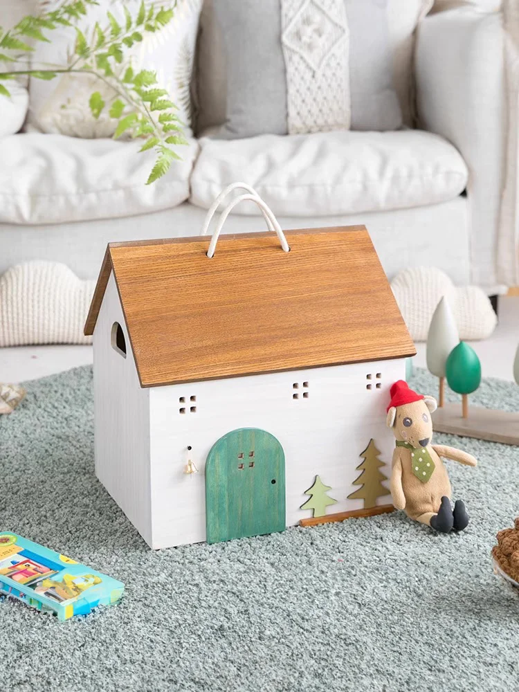 

Cream-colored bedside small house ornament for dining cabinet, children's room, large capacity toy wooden house storage box