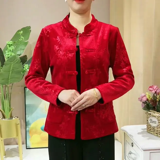 Spring 2025 New Style Women's Long Sleeve Printed Open Cardigan Coat for Middle-Aged And Elderly Red New Year Casual Loose Fit